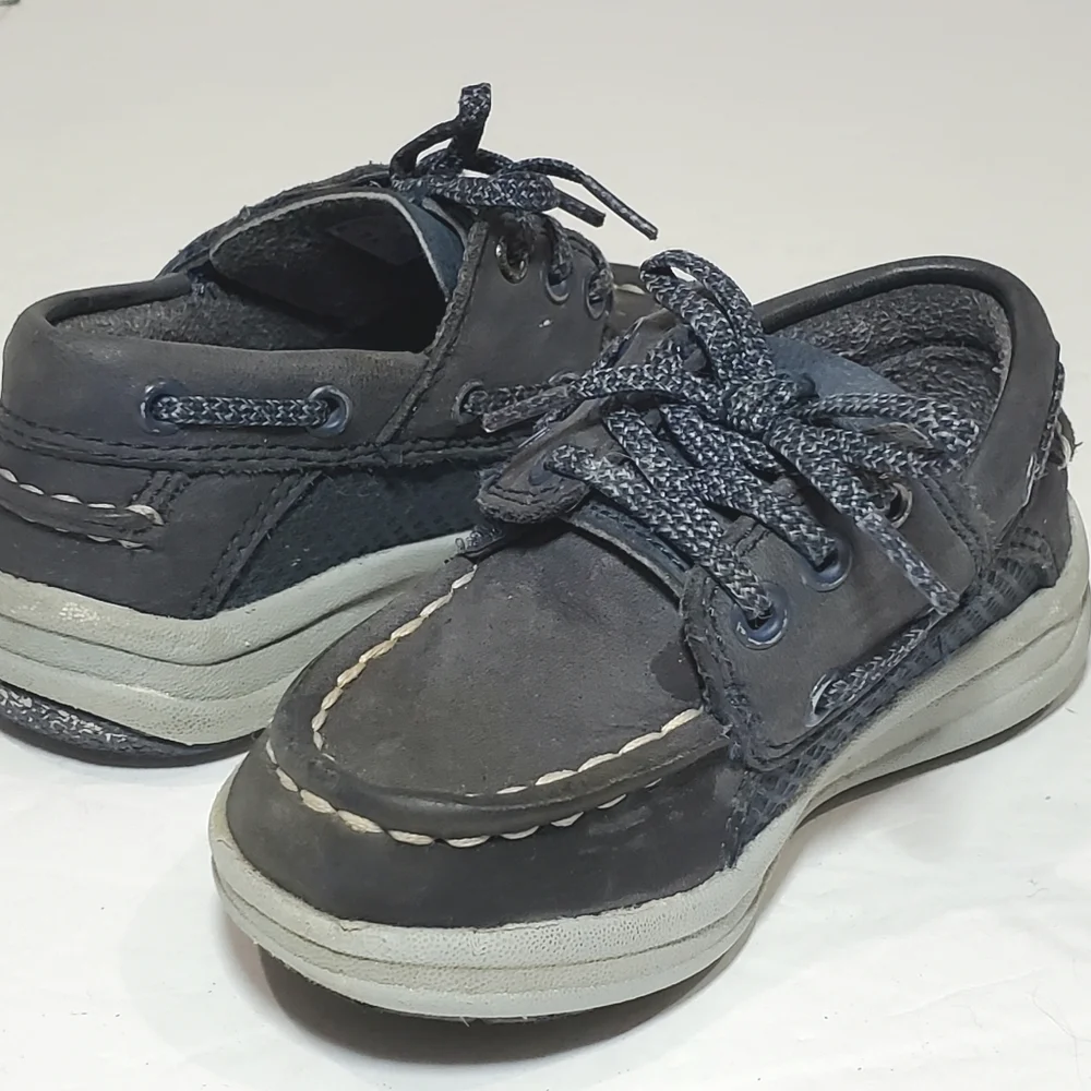 Sperry Top Sider Gamefish Jr. Grey & Blue Leather Loafer Boat Shoe Size 7M Kids